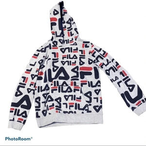 FILA multi coloured logo  printed unisex boy hoodie Sz XL